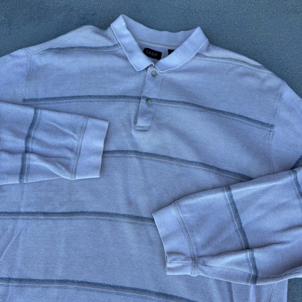 IZOD Mens XL Long Sleeve Polo Shirt Gray Striped Ribbed Cotton‎ Knit Casual